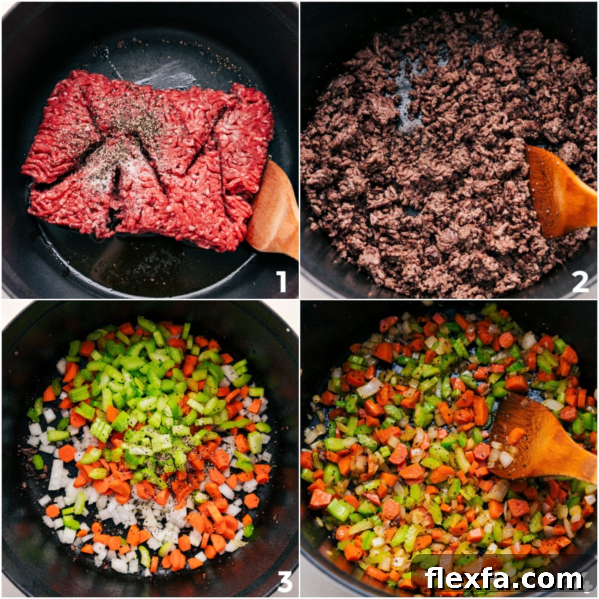 The beef being browned and seasoned, then removed, while the veggies are sautéed to create a flavorful base for this Cheeseburger Macaroni Soup.