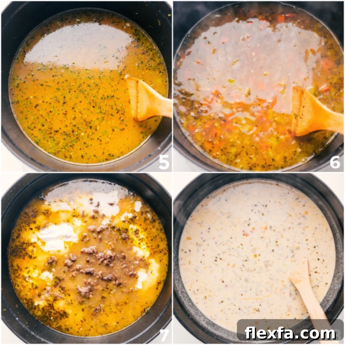 The broth and pasta added to the pot, followed by the creamy mixture and cooked beef, coming together into a rich and flavorful recipe.