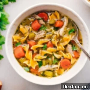 A comforting bowl of chicken noodle soup, garnished with fresh herbs.
