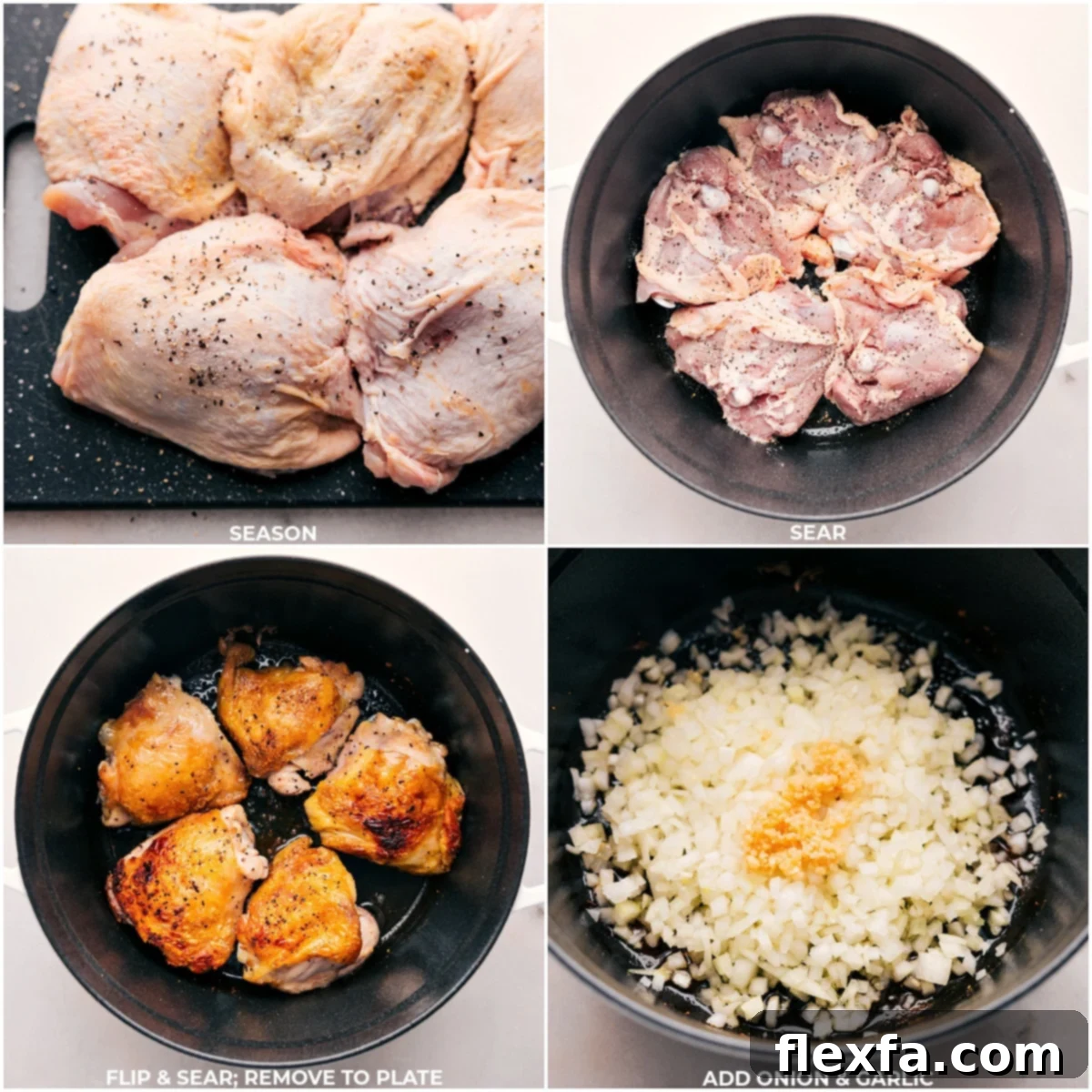 Close-up of chicken thighs being seared in a Dutch oven, followed by onions and garlic being sautéed in the same pot, illustrating the one-pot cooking process.