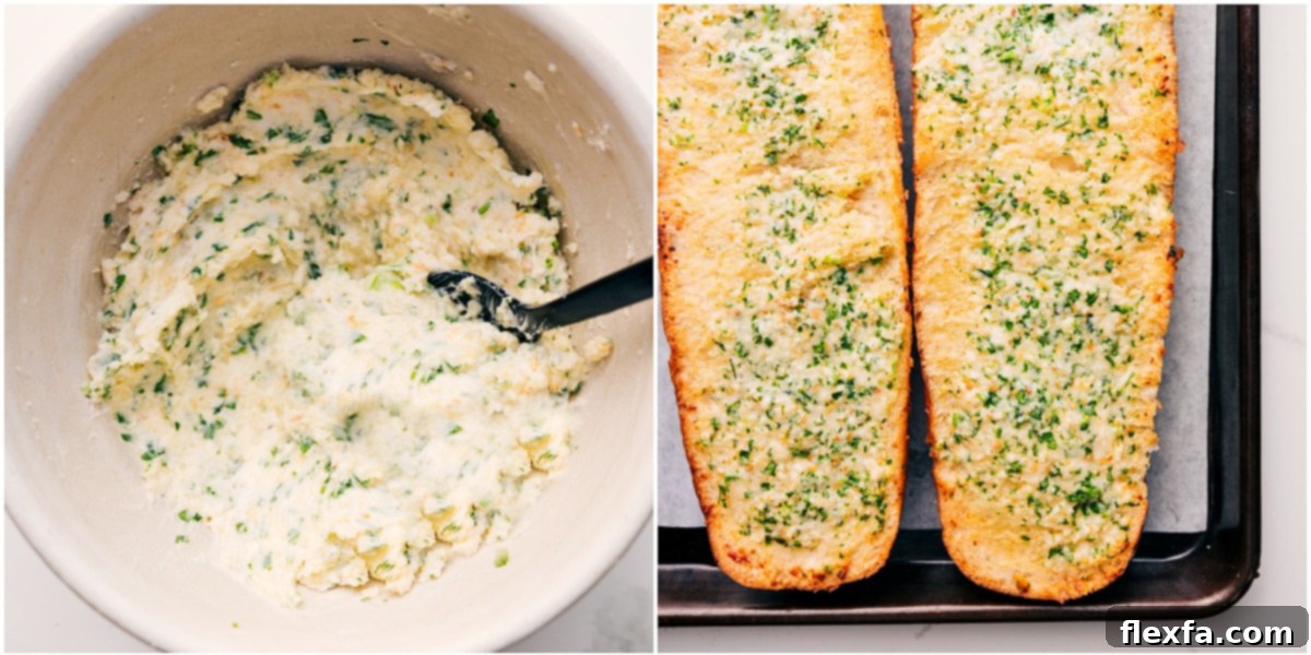 All the ingredients for the Easy Garlic Bread Recipe thoroughly mixed in a bowl, showcasing the creamy garlic Parmesan butter ready to be spread over sliced French bread before baking to golden perfection.