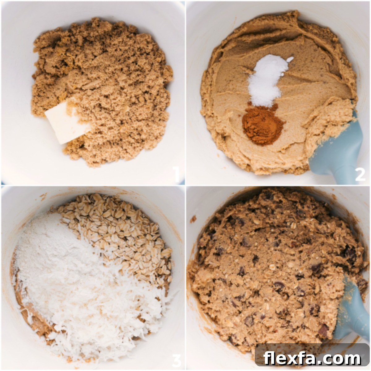 Various ingredients for an easy one-bowl cookie recipe, including oats, flour, chocolate chips, and pecans, mixed together in a large bowl.