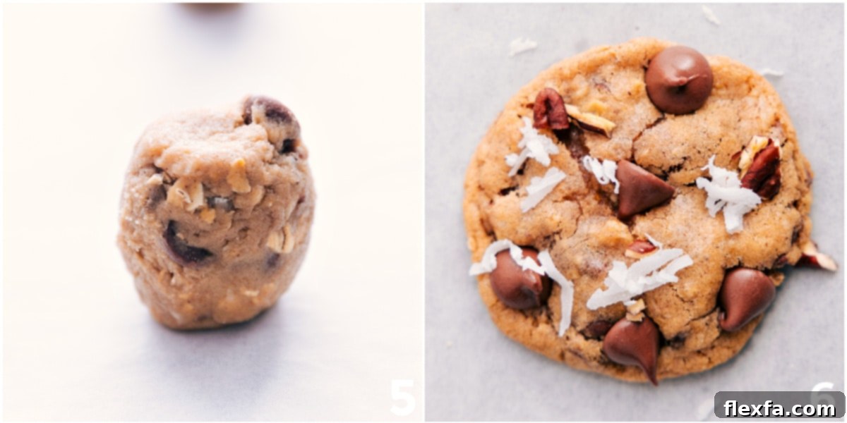 Cookie dough balls neatly placed on a baking sheet, followed by a tray of golden brown, baked Cowboy Cookies, showcasing the baking process.