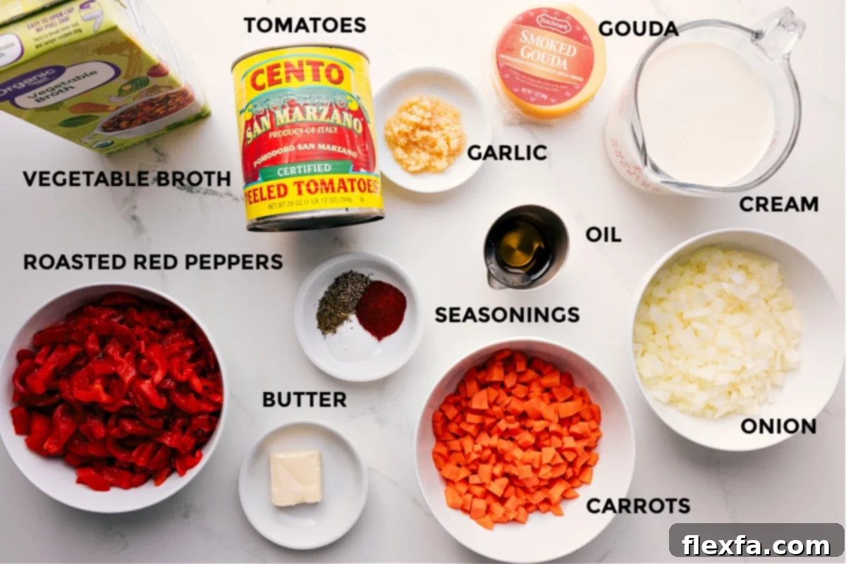 All the essential ingredients meticulously prepped for Roasted Red Pepper Gouda Soup, including vibrant red peppers, ripe tomatoes, fresh herbs, aromatic garlic, creamy Gouda, and rich broth.