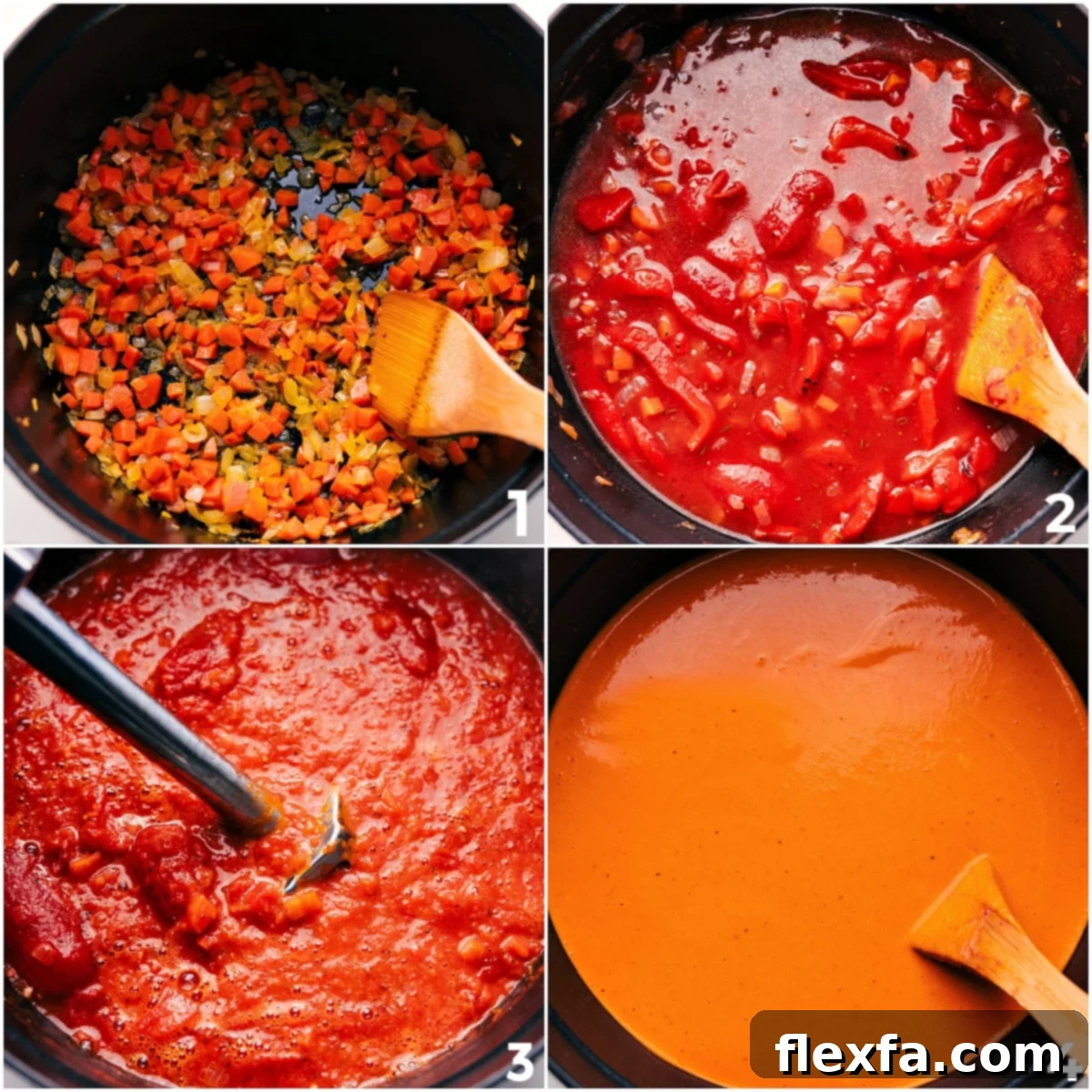 Sautéed onions and carrots simmering with rich whole peeled tomatoes, vegetable broth, and sweet roasted red peppers in a large pot, forming the base for Roasted Red Pepper Gouda Soup.
