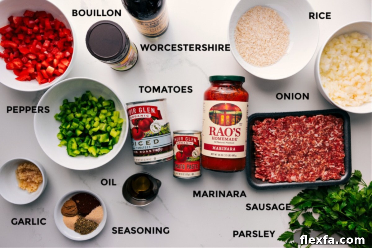 A vibrant display of all the fresh ingredients meticulously prepped for Crockpot Stuffed Pepper Soup, including colorful bell peppers, minced garlic, a variety of seasonings, olive oil, diced tomatoes, bouillon, Worcestershire sauce, Italian sausage, fresh parsley, chopped onion, and uncooked rice.