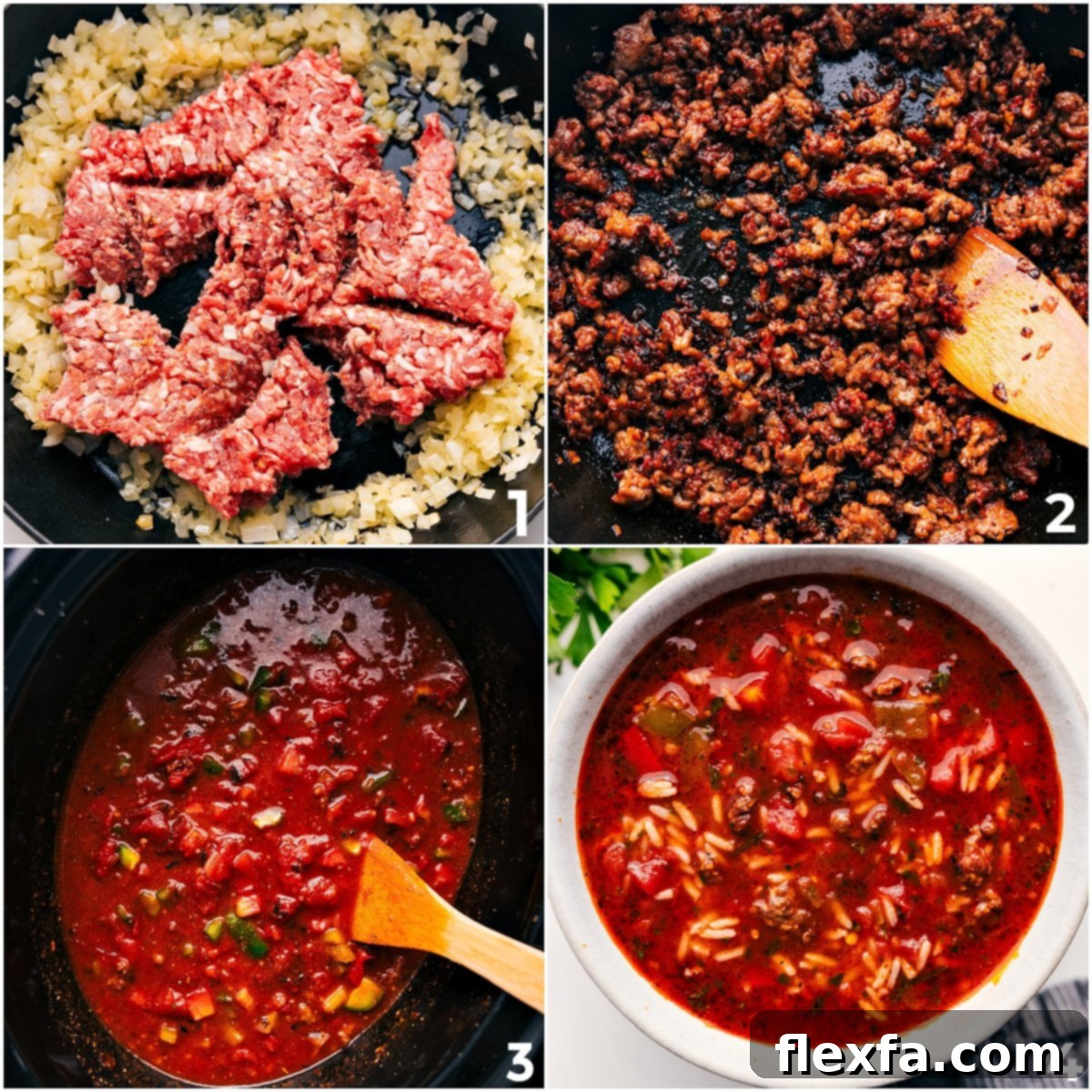 Detailed step-by-step imagery showing Italian sausage and onions being browned in a pan, followed by all the ingredients being transferred into a slow cooker, illustrating the process of making Crockpot Stuffed Pepper Soup.