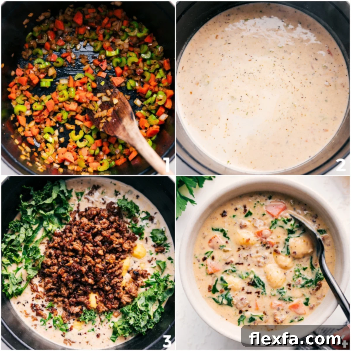 A step-by-step visual guide to making Sausage Gnocchi Soup, showing vegetables sautéing, the creamy base simmering, and finally, sausage and kale being stirred in.