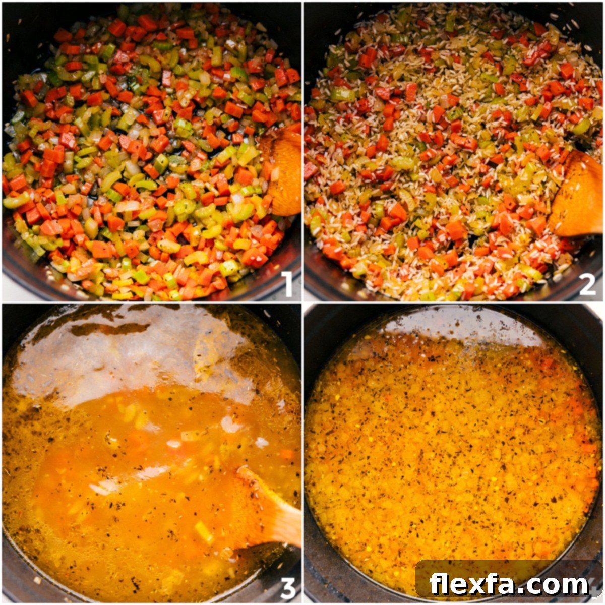 Step-by-step process of making Greek Lemon Soup, showing vegetables sautéing, then rice and broth being added and simmered in a pot.