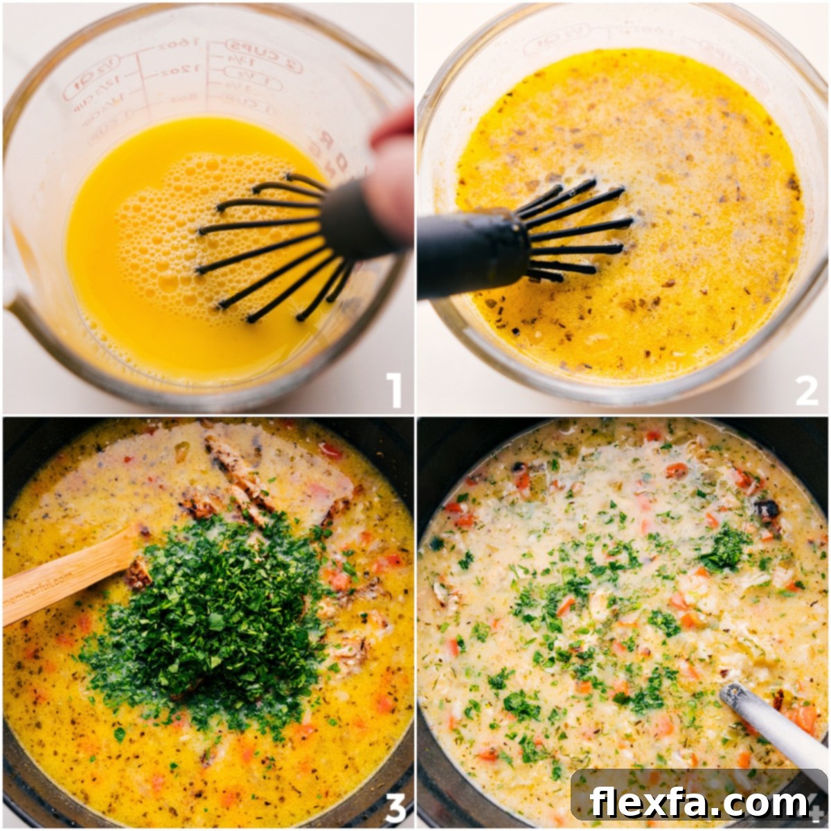 The egg and lemon mixture being carefully whisked into the finished Greek Lemon Soup, alongside shredded chicken and fresh herbs for garnish.