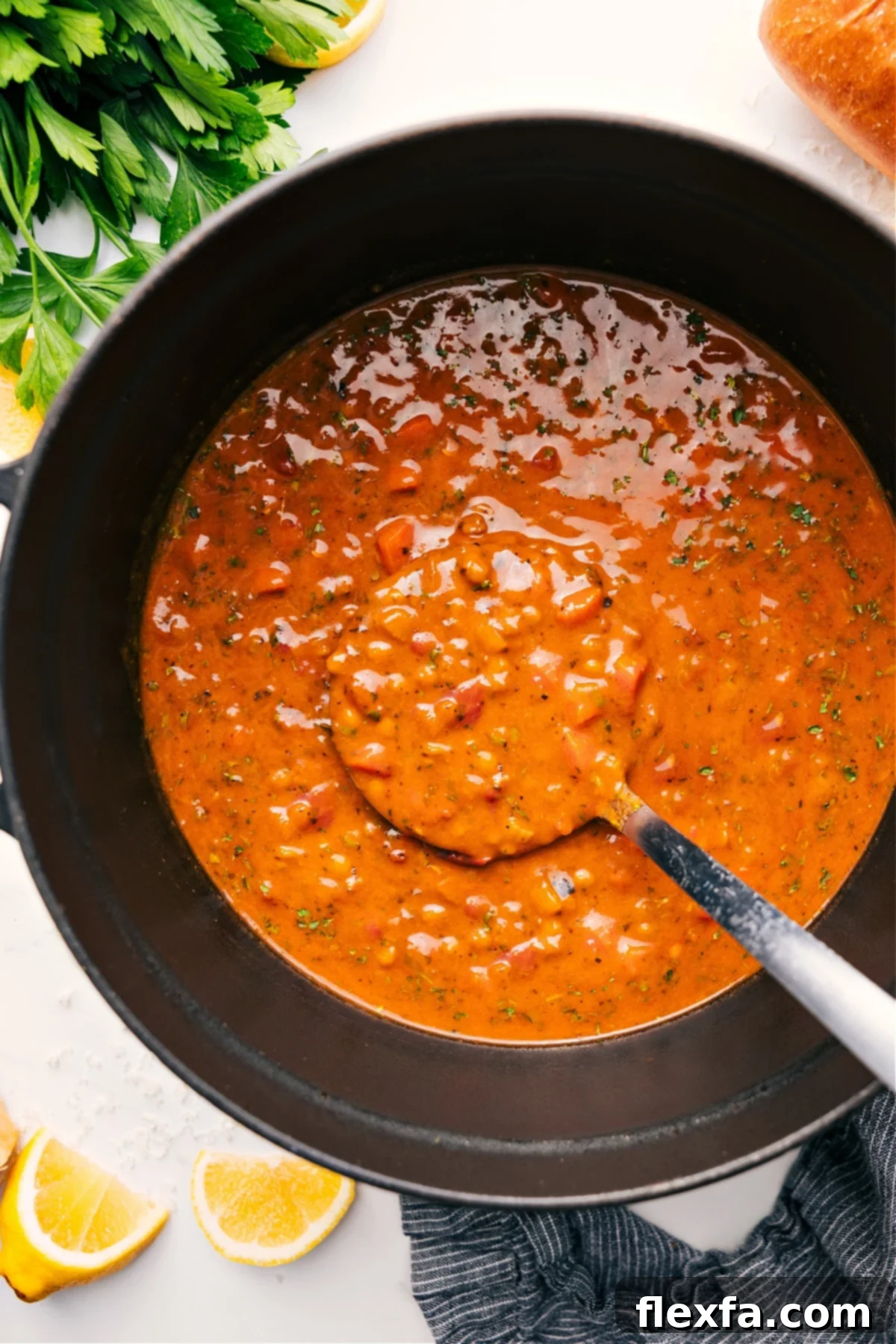 A large pot filled with steaming Mediterranean Lentil Soup, garnished with fresh herbs, ready to be served.