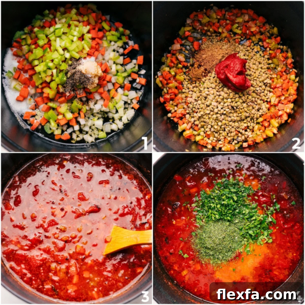 Visual steps of making Mediterranean lentil soup: first, sautéing the vibrant mirepoix (onions, carrots, celery, garlic), followed by adding lentils and spices, and finally simmering with broth and tomatoes to perfection.