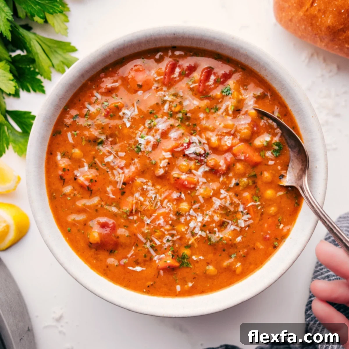 A beautifully presented bowl of Mediterranean lentil soup, garnished with a generous sprinkle of fresh parmesan cheese and herbs, ready for a comforting dinner.