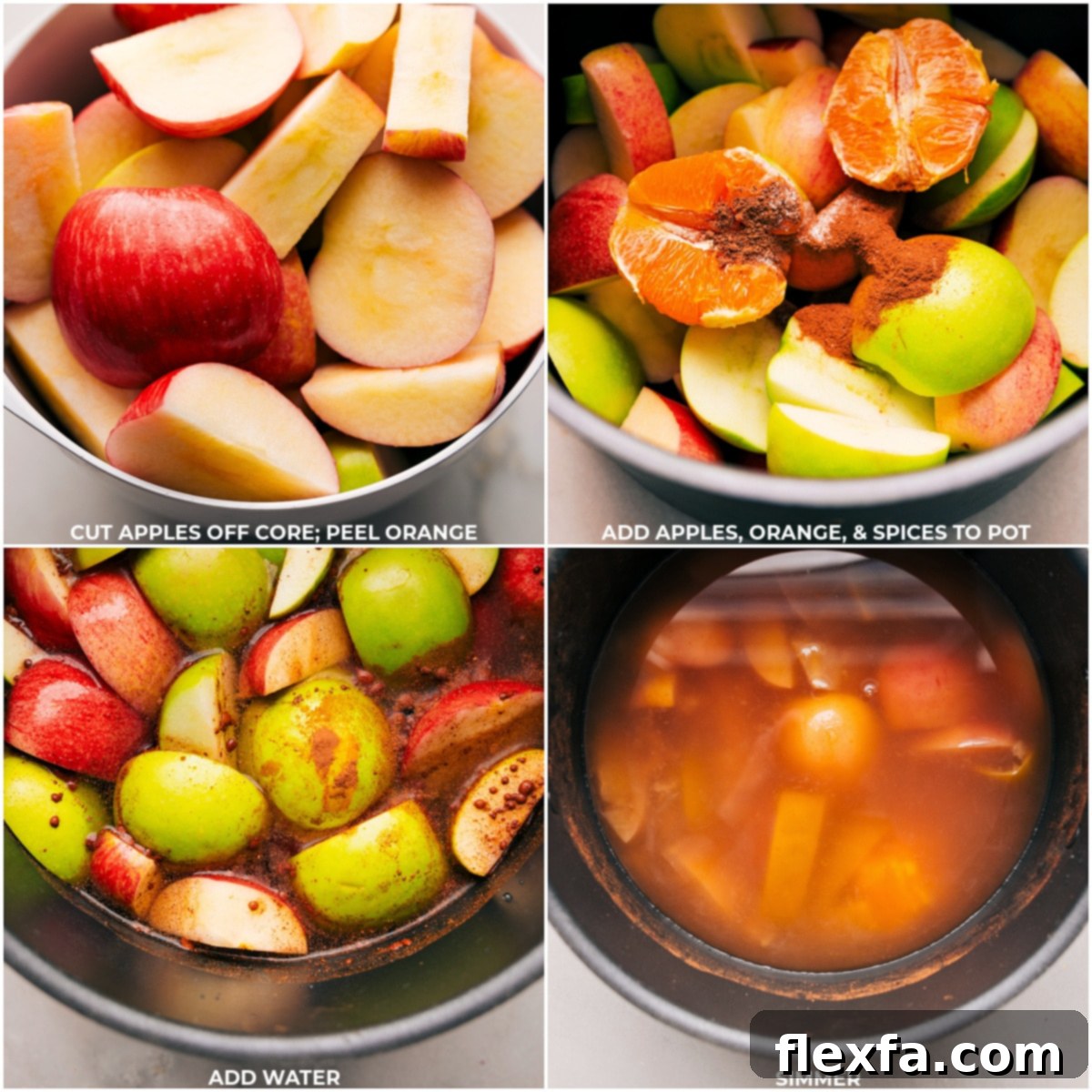 Fresh apples, orange slices, and aromatic whole spices being added to a large pot filled with water, ready to be simmered into delicious hot apple cider.
