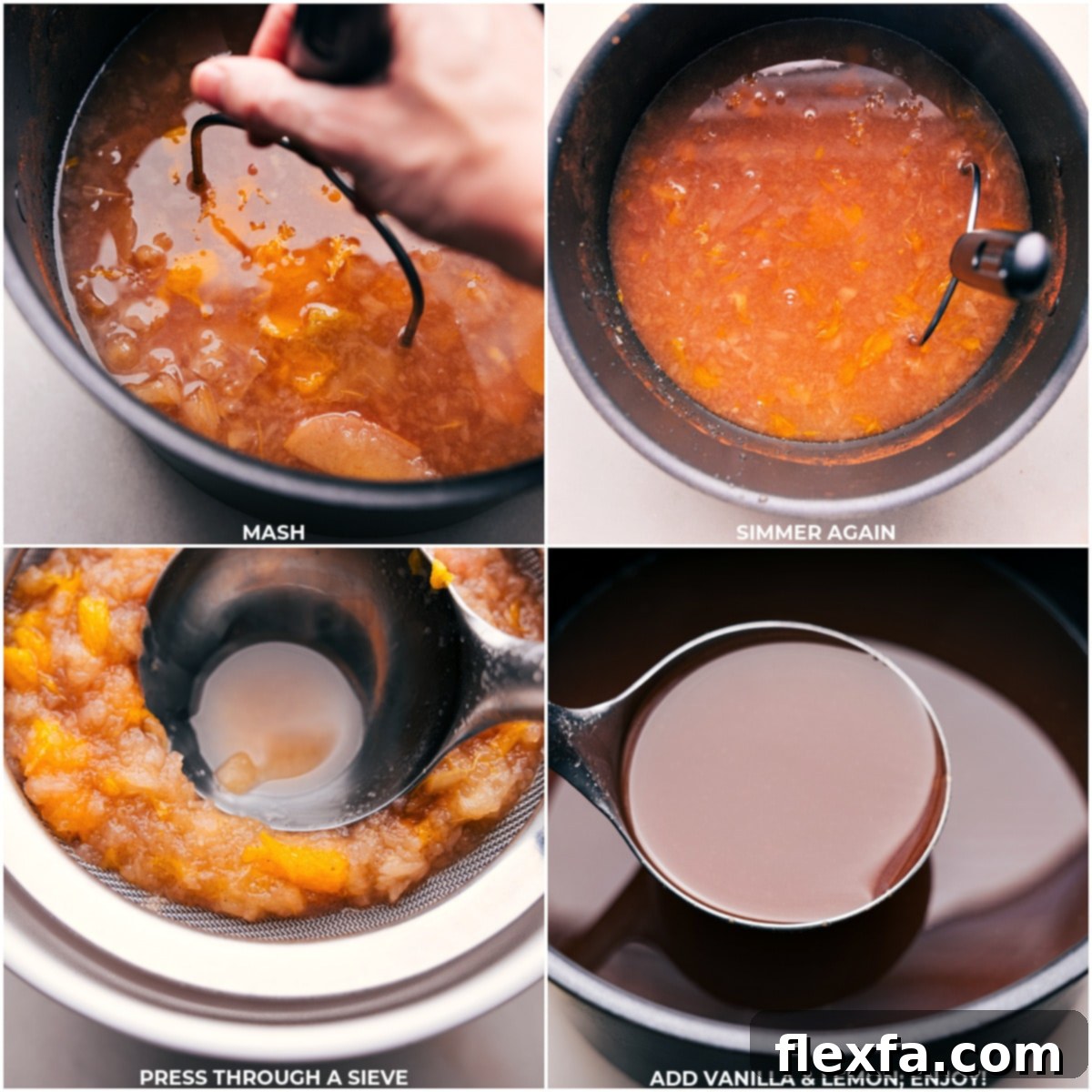 Freshly mashed fruit and spices being carefully strained through a fine mesh sieve into a large bowl, extracting the clear, aromatic hot apple cider.
