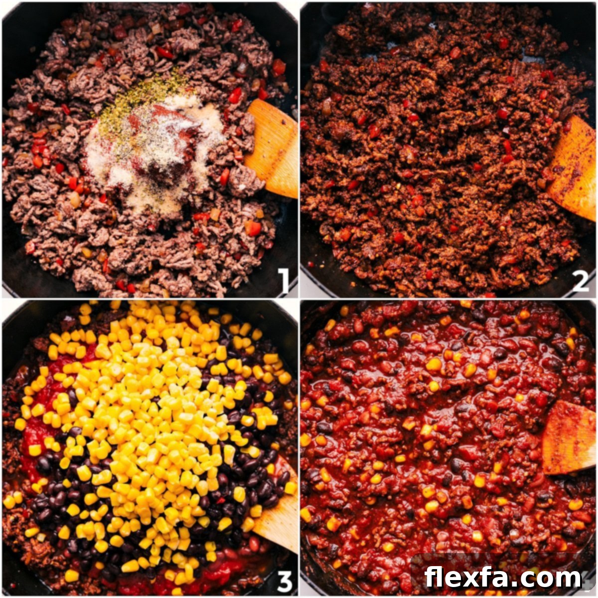 The cooking process for cornbread casserole, showing ground beef browning with added seasonings, followed by crushed tomatoes, black beans, and corn being mixed in for the chili base.