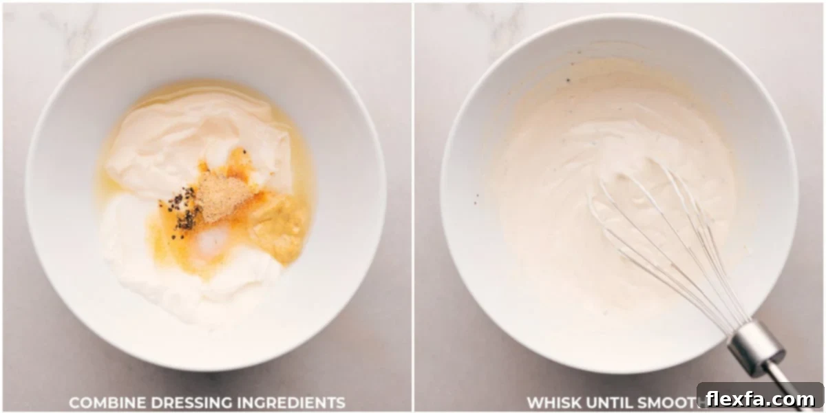 The process of combining dressing ingredients in a glass bowl and whisking them vigorously until the mixture becomes creamy and perfectly smooth.