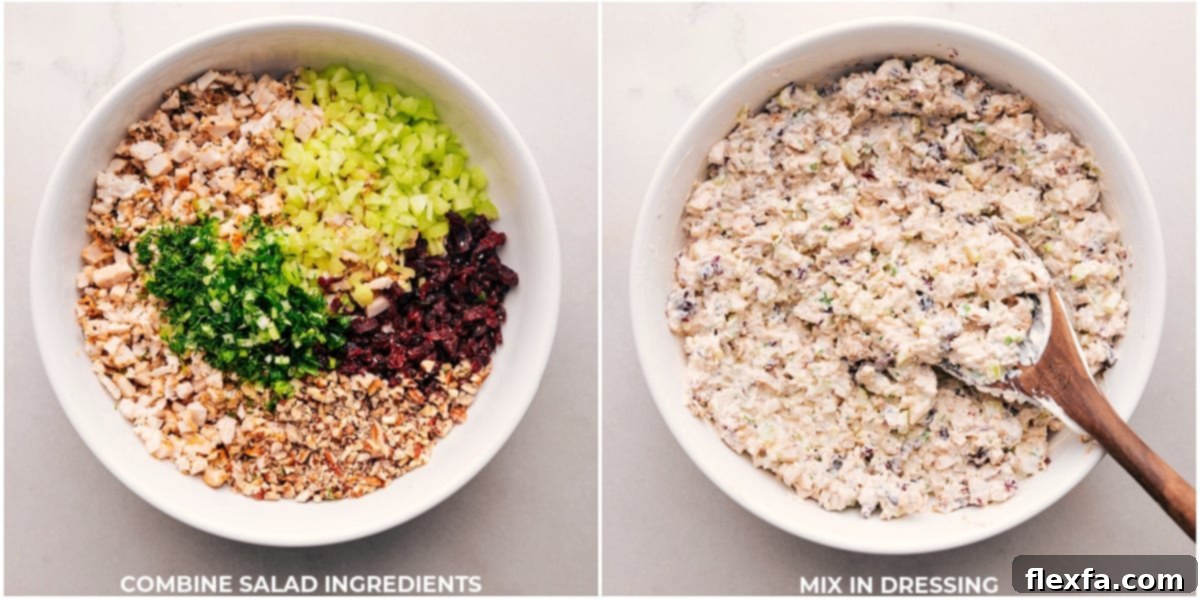 A large bowl containing all the combined ingredients for the Turkey Salad recipe, being gently mixed until thoroughly blended and coated with dressing.
