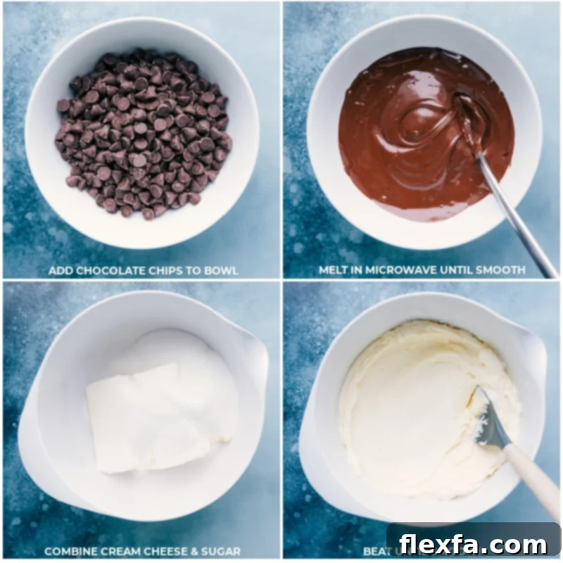 Melting chocolate chips and combining cream cheese and sugar.