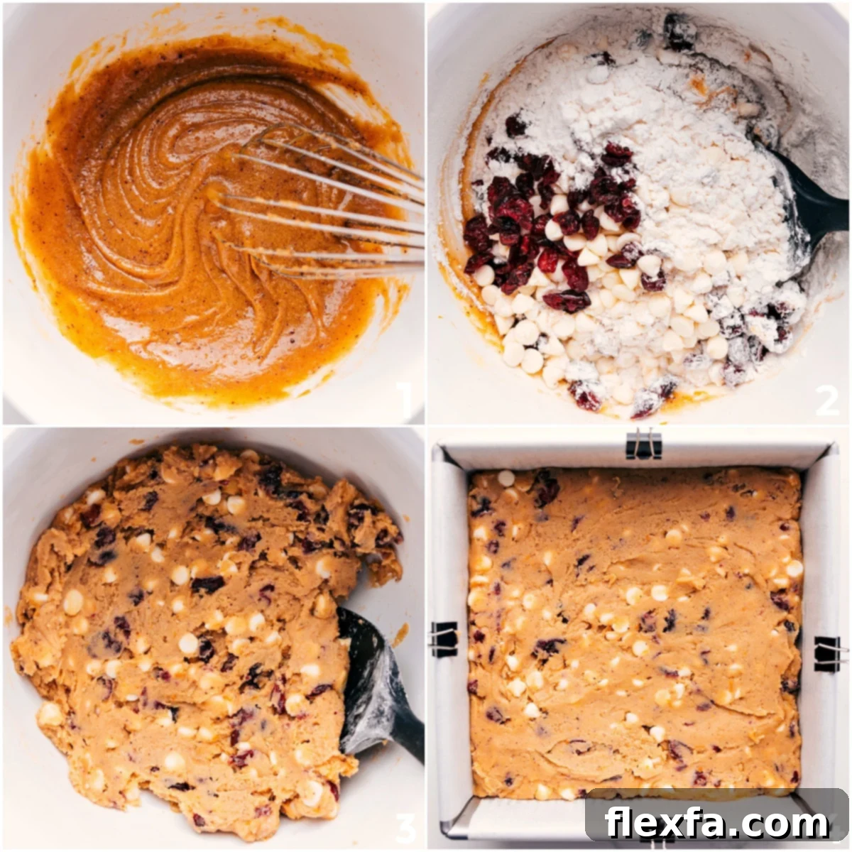 Making the cranberry bliss bars dough base, featuring a rich brown color with white chocolate and cranberries, spread evenly into a baking pan.