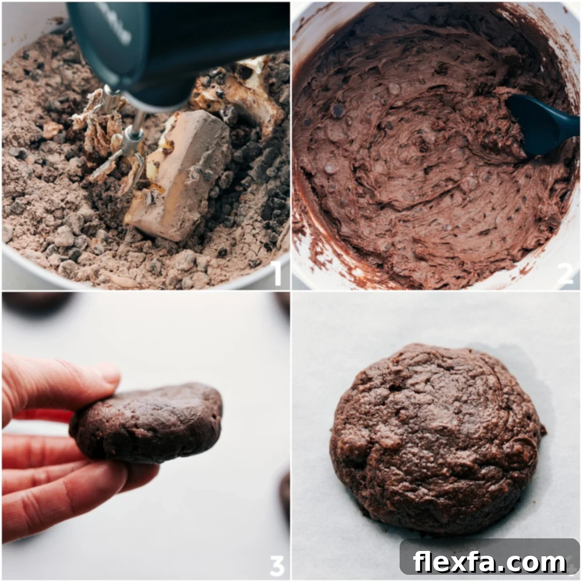 A step-by-step visual of the Buckeye Brownie Cookie making process, showing brownie mix and pudding mix being beaten with butter and other ingredients to form the dough, which is then rolled into balls and baked to perfection.
