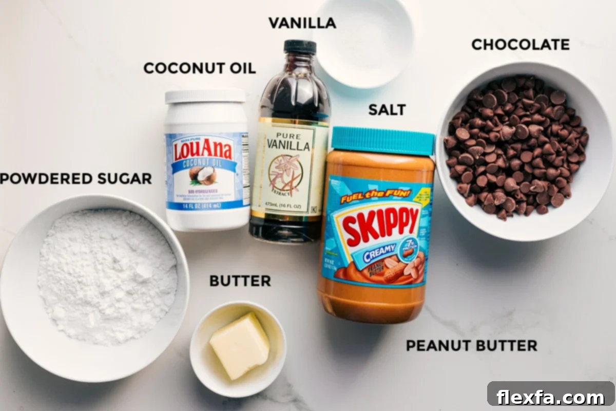 Ingredients for Buckeye Candy Recipe prepped, including powdered sugar, coconut oil, vanilla extract, softened butter, salt, creamy peanut butter, and melting chocolate chips, all arranged for easy assembly.