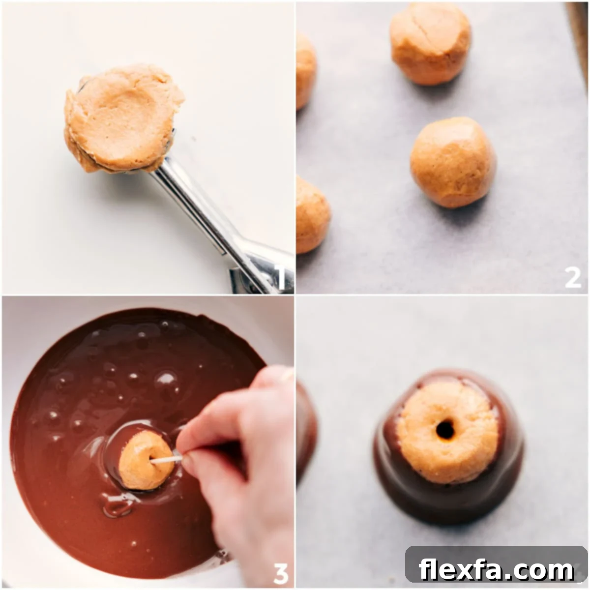 The peanut butter mix meticulously rolled into small, uniform balls and then skillfully dipped into melted chocolate, intentionally leaving the signature peanut butter 'eye' exposed to create this classic Buckeye candy recipe.