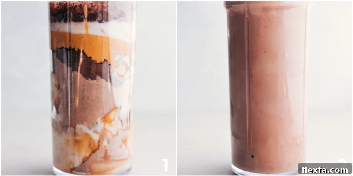 All the ingredients for this chocolate banana protein shake added to a blended and it all being blended together.