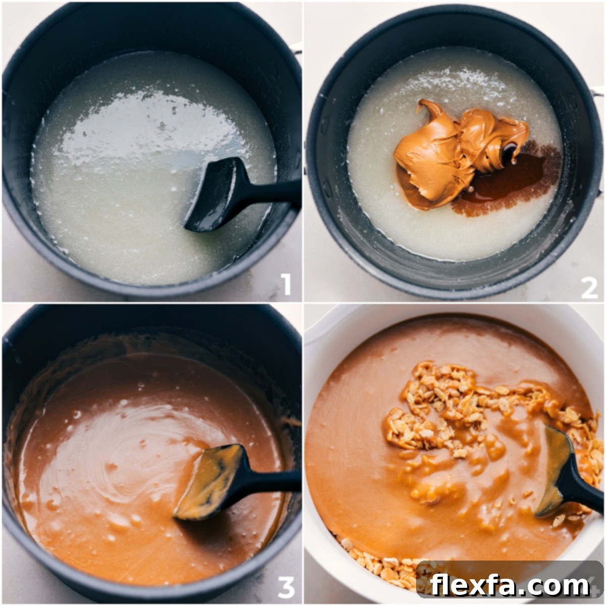 Corn syrup, peanut butter, and vanilla being added to a pot and it all being melted together and poured over the cereal.