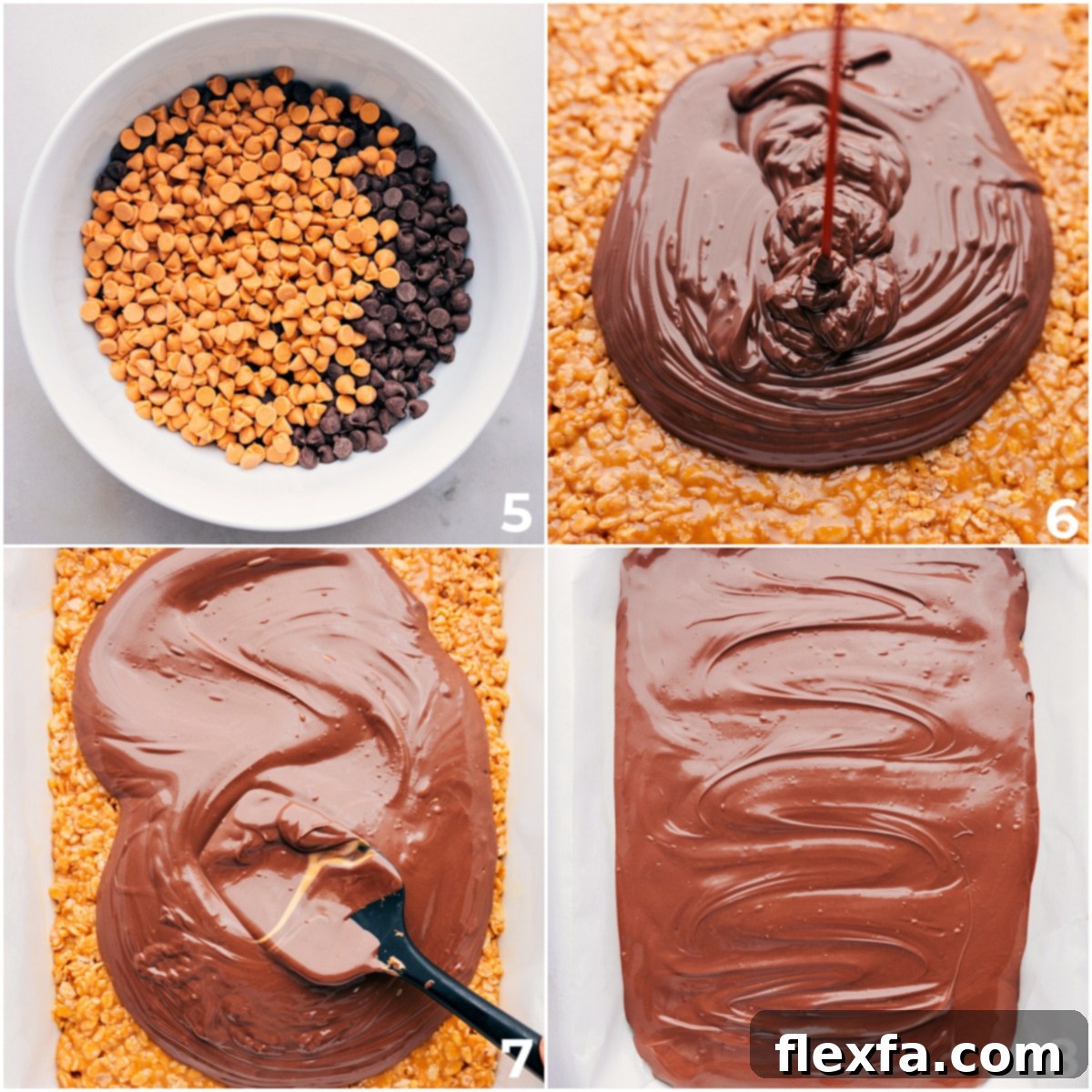 Butterscotch and chocolate chips being melted together and poured over the scotcheroos recipe.
