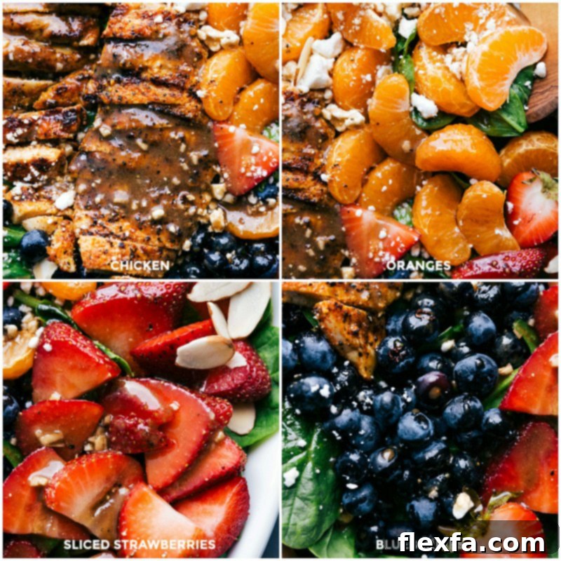 Detailing the Salad: Close-Up Shots of Dressed Chicken, Oranges, Strawberries, and Blueberries The chicken, oranges, strawberries, and blueberries, all beautifully dressed.