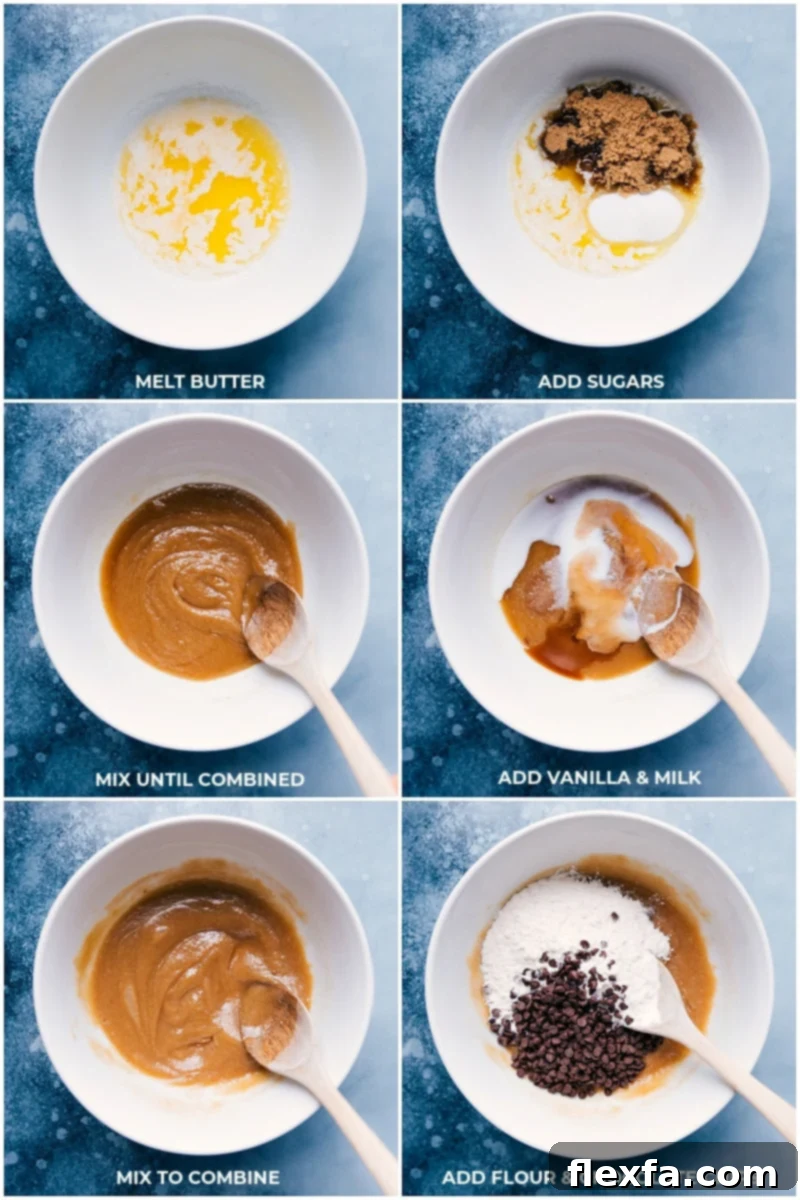 Preparing the Edible Cookie Dough for your Delicious Cookie Dough Cups Step-by-step process of preparing edible cookie dough, showing ingredients mixed into a smooth dough, ready for shaping.