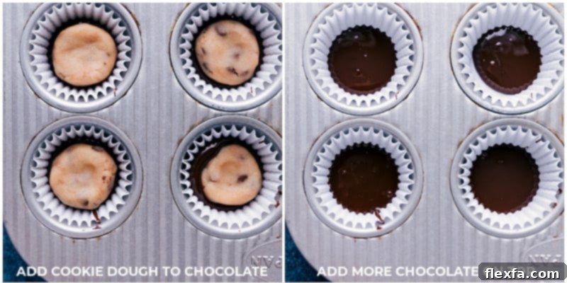 Layering Chocolate and Cookie Dough for the Best Ever Cookie Dough Cups Process shot showing layers of melted chocolate and edible cookie dough in mini muffin liners, ready for the final chocolate topping.