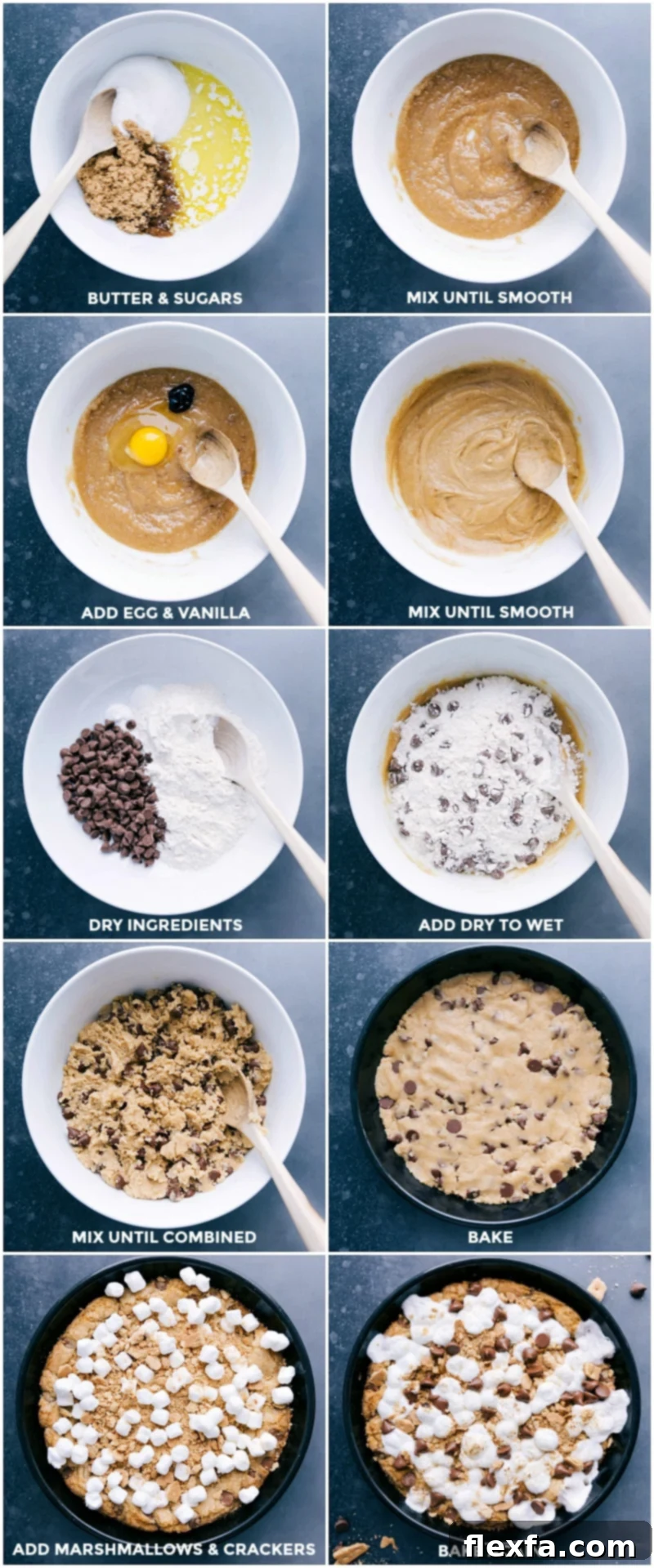 S'mores Pizookie Creation: From Cookie Dough Base to Topping with Marshmallows and Chocolate Making and baking the cookie dough base, followed by adding marshmallows and chocolate on top, showcasing the preparation steps.