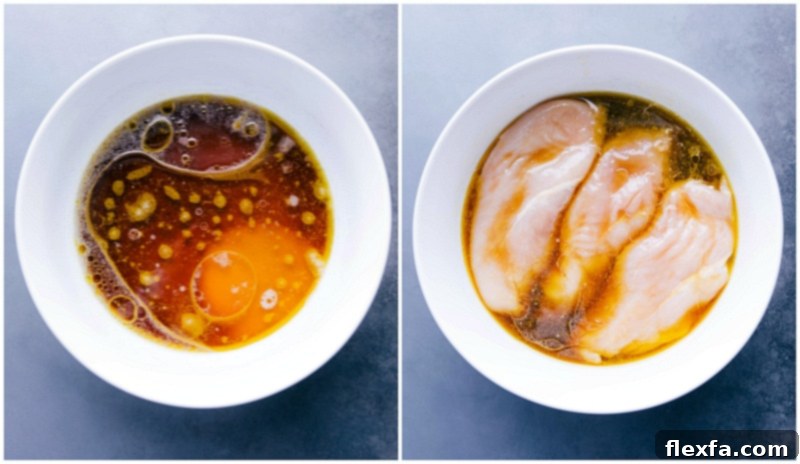 Preparing the marinade in a bowl and adding boneless, skinless chicken breasts to marinate.