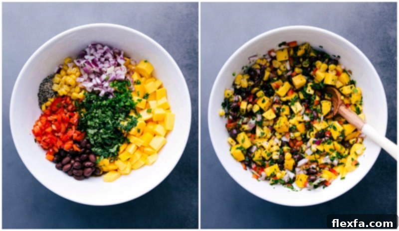 Combining all the fresh ingredients for mango salsa in a glass bowl, including diced mango, red onion, and cilantro, and mixing them together.