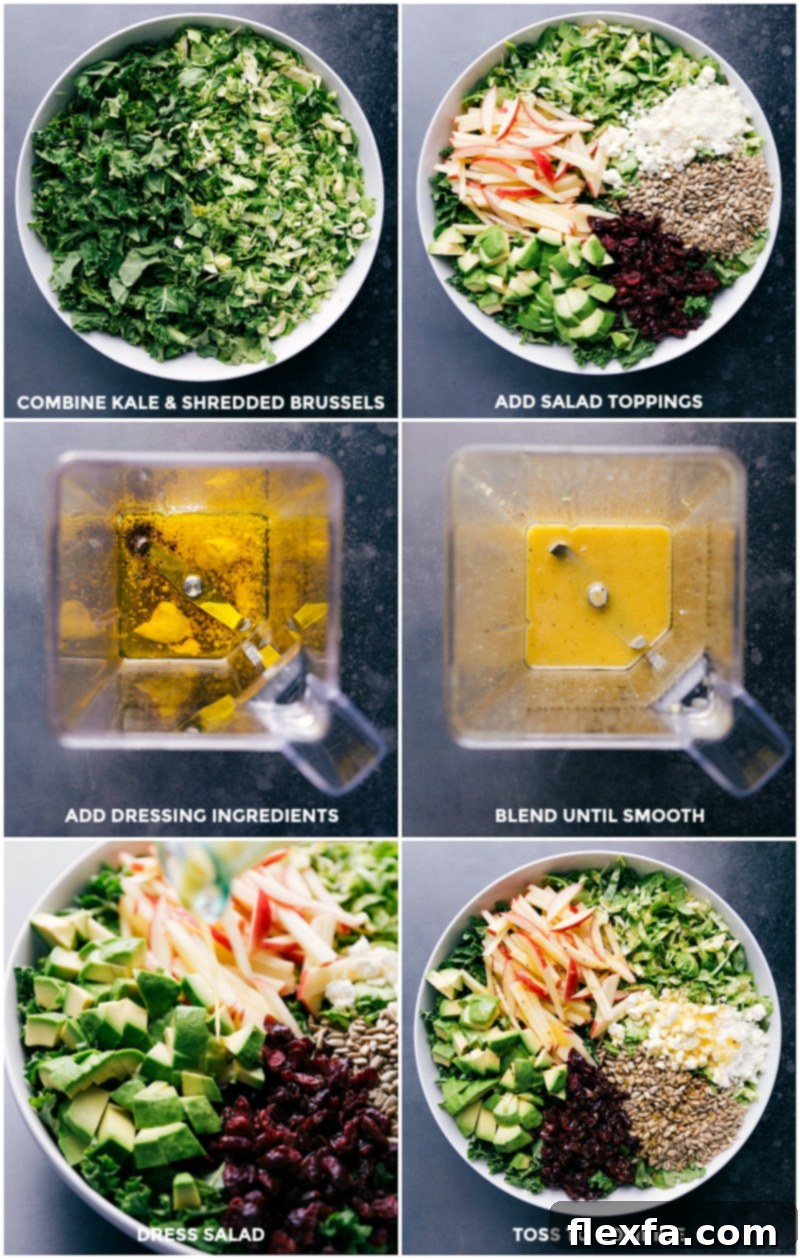 Close-up view of fresh kale and shredded Brussels sprouts being added to a large mixing bowl, alongside other salad toppings and a blender for preparing the dressing.