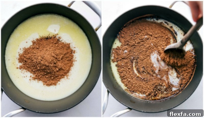 Adding cocoa to the butter and condensed milk; stirring to combine.