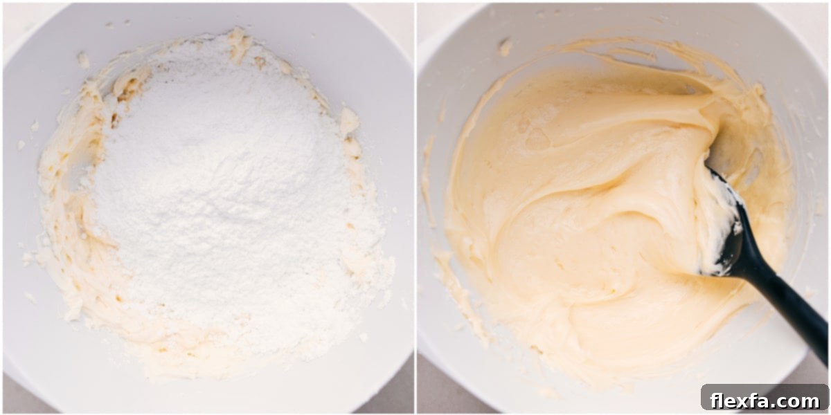 Blending together all the ingredients to create the ultimate creamy frosting for fruit pizza.