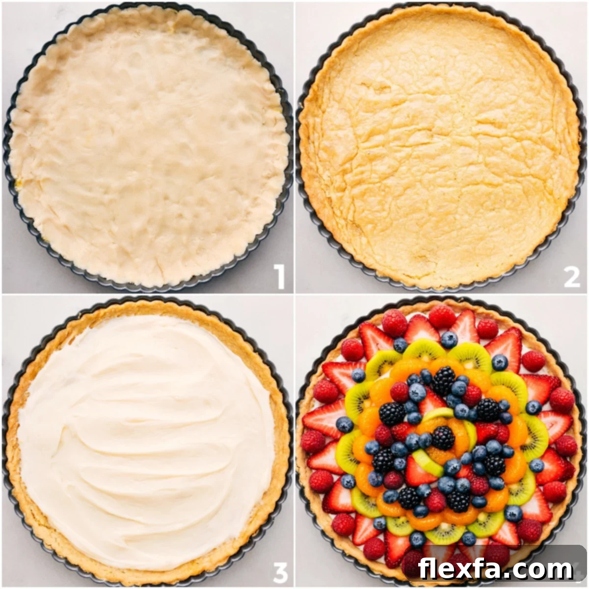 The exciting final steps of assembling this fruit pizza recipe: baking the golden crust, spreading creamy frosting, and piling on colorful fresh fruit.