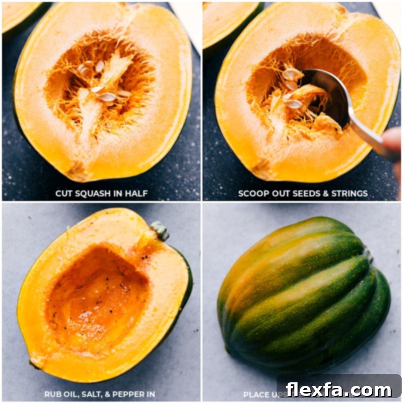 Step-by-step process of preparing acorn squash, showing how to cut it in half, scoop out the seeds, drizzle with oil, season with salt and pepper, and bake cut-side down for perfect caramelization.