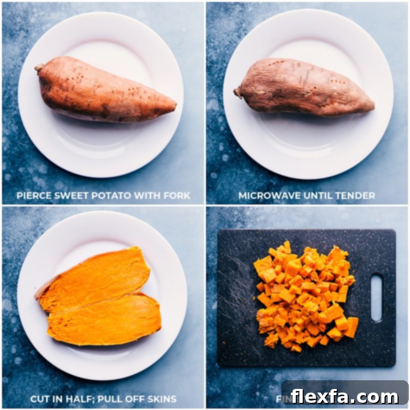 Process shots demonstrating how to microwave a sweet potato until tender, then cut it in half, pull off the skins easily, and finely dice the cooked sweet potato flesh for the recipe filling.