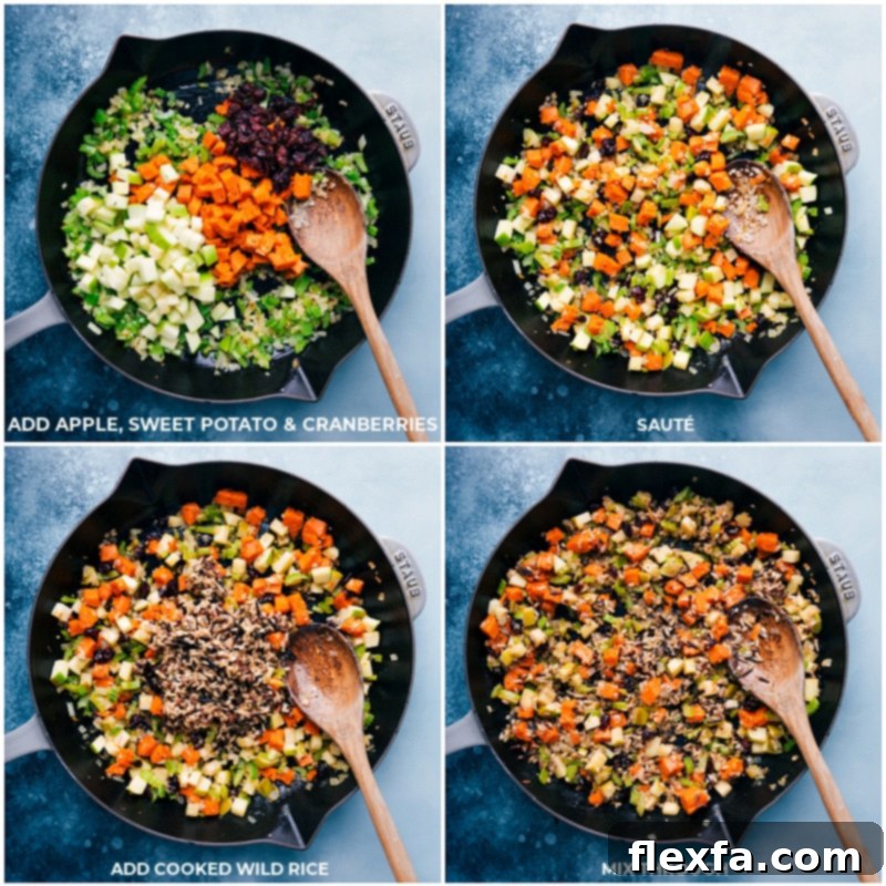 Process shots illustrating the wild rice filling preparation, showing ingredients simmering in a pan, and then the cooked wild rice being added and mixed well to combine all the flavors.