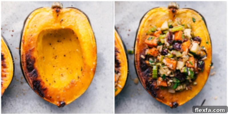 A visual comparison of roasted acorn squash halves before and after being generously filled with the savory wild rice stuffing, showcasing their appetizing transformation.