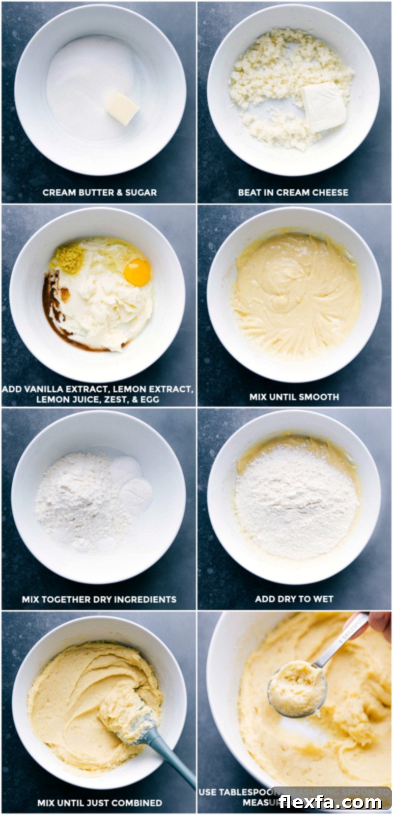 Making Lemon Cheesecake Cookies: Mixing Ingredients and Measuring Dough Step-by-step process of making lemon cheesecake cookies: creaming butter and sugar, beating in cream cheese, adding vanilla, lemon zest, and egg, mixing until smooth, combining dry ingredients, adding to wet ingredients, and measuring out the dough with a tablespoon.