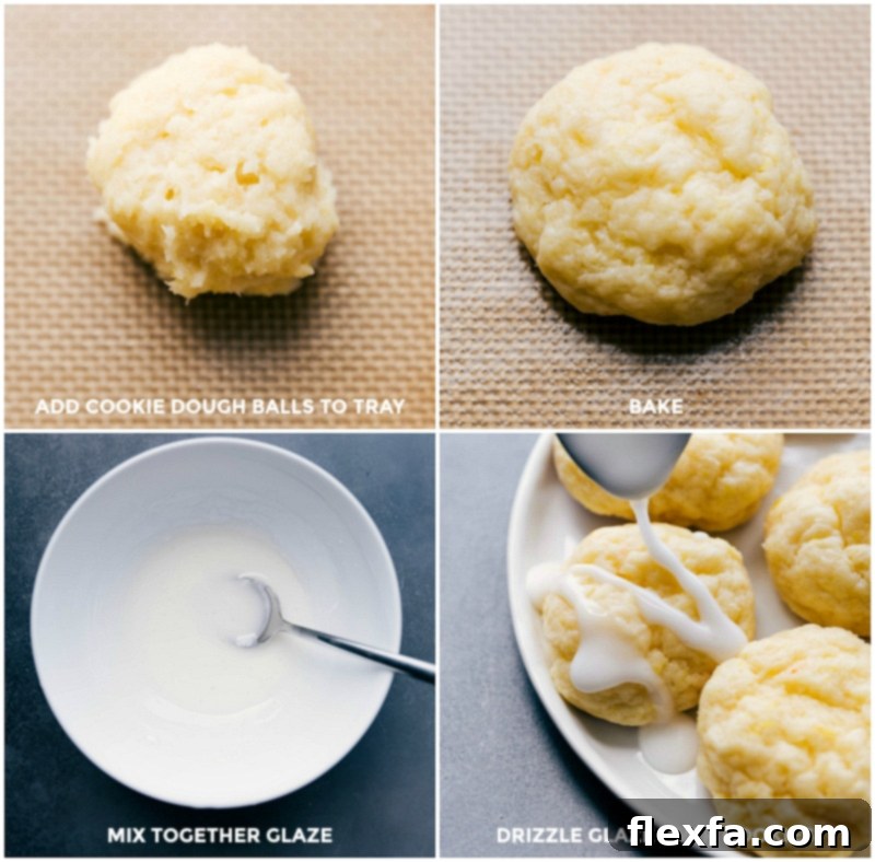 Baking Lemon Cheesecake Cookies and Drizzling Glaze Over the Cooled Cookies The process of preparing and finishing lemon cheesecake cookies: adding cookie dough balls to a baking tray, baking them until golden, mixing the lemon glaze, and drizzling it generously over the cooled cookies.