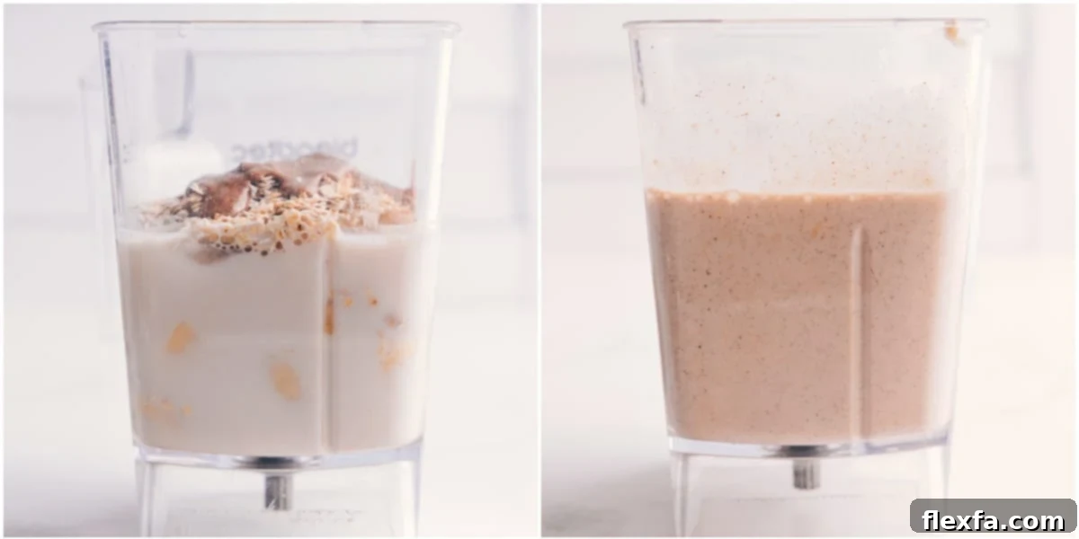 All the ingredients added to a high-speed blender, ready to be blended into a delicious oatmeal smoothie.