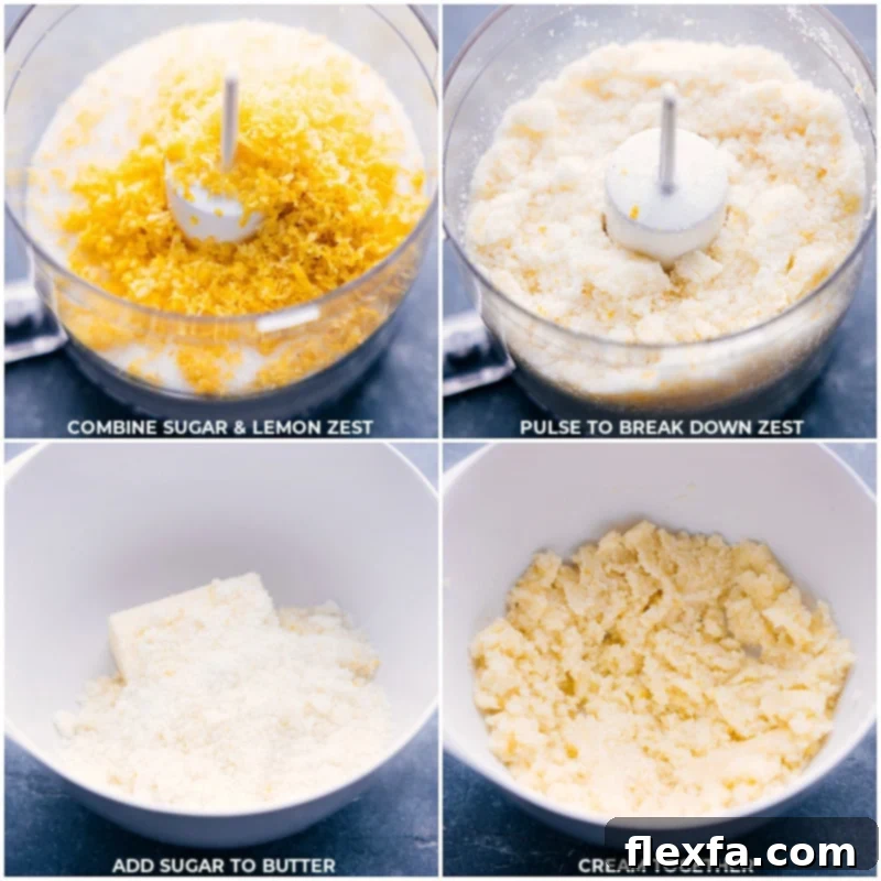 Process shots-- images of the sugar and lemon zest being pulsed together and then sugar and butter being creamed together