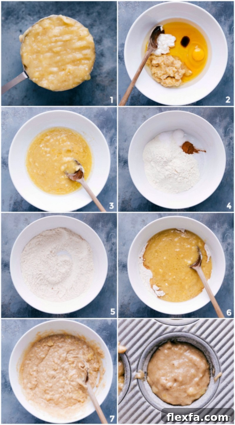 Creating Banana Crumb Muffin Batter: A Visual Guide to the Process Creating the batter: mashing bananas, mixing wet ingredients, and combining dry ingredients.