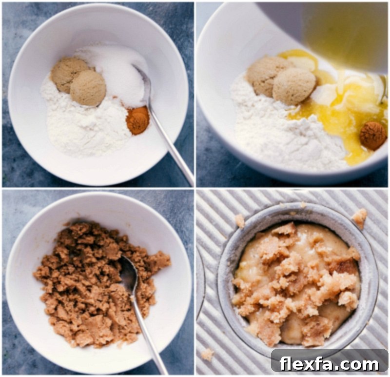 Making Banana Crumb Muffins: From Dry Ingredients to Topping Application The mixing of wet and dry ingredients, the preparation of banana muffin crumb topping, and the topping being added to the muffin batter.